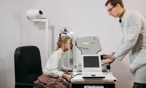 Okulista bada wzrok dziewczynki. Czy do okulisty potrzebne jest skierowanie? Zwykle nie, ale warto sprawdzić.