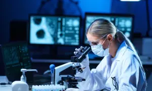 Diagnosta laboratoryjny w okularach i masce pochyla się nad mikroskopem, analizując próbki.