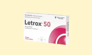 Opakowanie leku Letrox 50, zawierające 50 tabletek z lewotyroksyną sodową, stosowane jako syntetyczny hormon tarczycy.