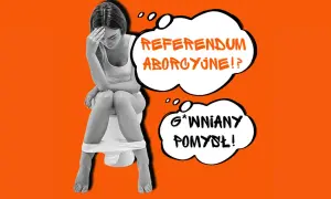 Kobieta siedzi na toalecie, trzymając się za głowę. Dymki nad nią pytają: "Referendum aborcyjne!?" i "Gówniany pomysł!".