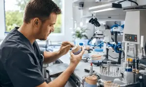 Pracownia protetyczna. Technik dentystyczny tworzy protezy, co wpływa na jego zarobki.