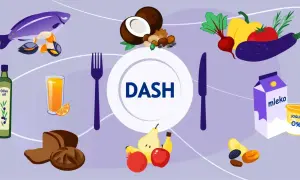 Dieta DASH to klucz do obniżenia wysokiego ciśnienia. Na talerzu ryby, warzywa, owoce, orzechy, pełnoziarniste pieczywo, oliwa, mleko i jogurt.