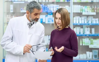 Doświadczony farmaceuta doradza klientce w aptece, wskazując na receptę i opakowanie leku.
