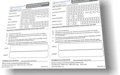 Dwa formularze skierowania na badanie prenatalne, z polami do wypełnienia danych pacjenta i wskazaniami do badań.