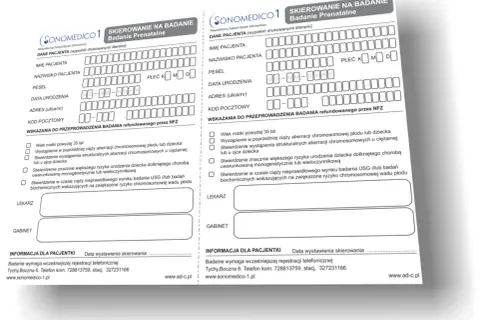 Dwa formularze skierowania na badanie prenatalne, z polami do wypełnienia danych pacjenta i wskazaniami do badań.