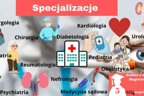 Ilustracja przedstawia różne specjalizacje lekarskie: alergologię, kardiologię, chirurgię, diabetologię, geriatrię, pediatrię, reumatologię, nefrologię, psychiatrię, okulistykę, urologię i medycynę sądową.