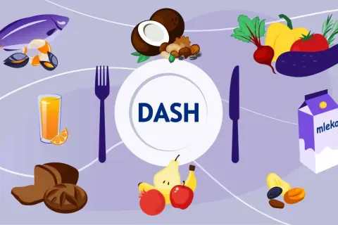 Dieta DASH to klucz do obniżenia wysokiego ciśnienia. Na talerzu ryby, warzywa, owoce, orzechy, pełnoziarniste pieczywo, oliwa, mleko i jogurt.