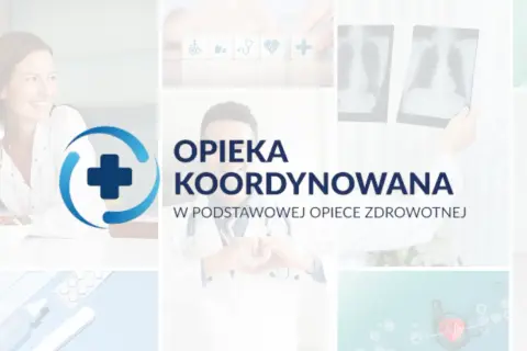 Lekarz tworzy serce z dłoni, symbolizując troskę. Napis "Opieka koordynowana" podkreśla holistyczne podejście do zdrowia.