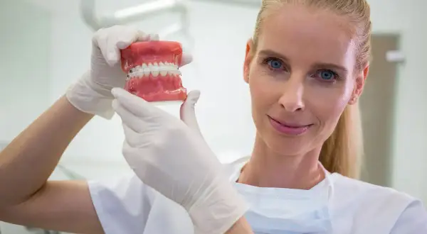 Dentystka w białej rękawiczce pokazuje model szczęki z aparatem ortodontycznym, zastanawiając się, ile zarabia dentysta.