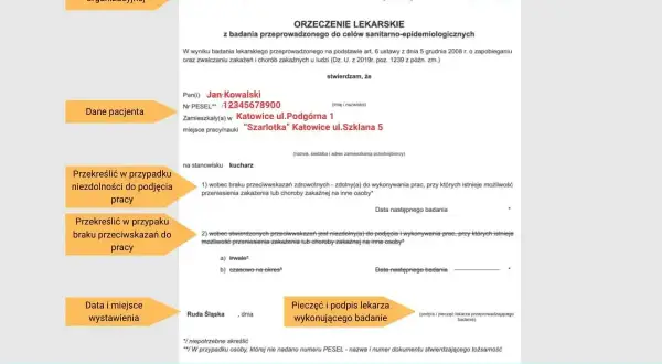 Orzeczenie lekarskie do książeczki sanepidowskiej dla kucharza Jana Kowalskiego. Badania potwierdzają brak przeciwwskazań do pracy.