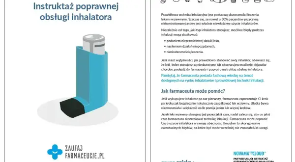 Niebieski inhalator, symbol leczenia astmy. Instruktaż poprawnej obsługi inhalatora, by uniknąć błędów i zapewnić skuteczność leczenia.