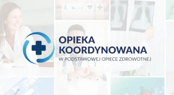 Lekarz tworzy serce z dłoni, symbolizując troskę. Napis "Opieka koordynowana" podkreśla holistyczne podejście do zdrowia.