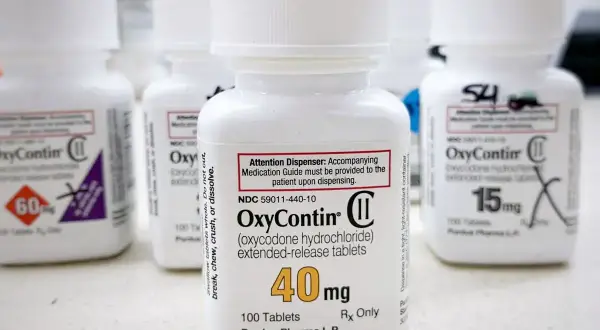 Butelki leku OxyContin, w tym 40 mg, 60 mg i 15 mg. Lek ten jest stosowany w leczeniu bólu.