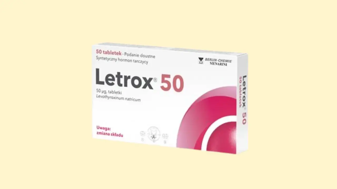 Opakowanie leku Letrox 50, zawierające 50 tabletek z lewotyroksyną sodową, stosowane jako syntetyczny hormon tarczycy.