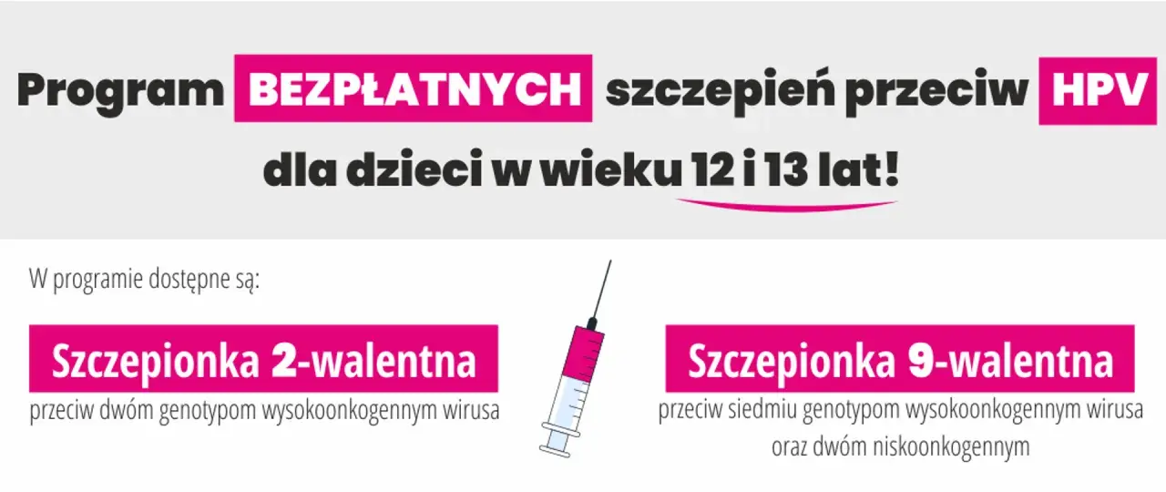 Program bezpłatnych szczepień przeciw HPV dla dzieci w wieku 12 i 13 lat. Dostępne są szczepionki 2- i 9-walentne.