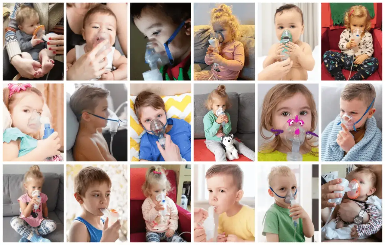 Dzieci z maseczkami nebbud. Różne maluchy korzystają z inhalatorów, by łatwiej oddychać.