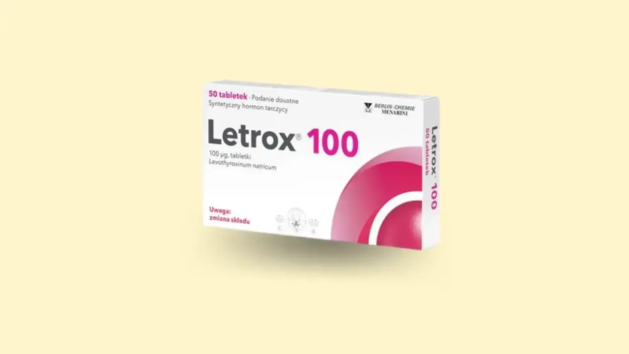 Opakowanie leku Letrox 100, zawierające 50 tabletek z syntetycznym hormonem tarczycy.