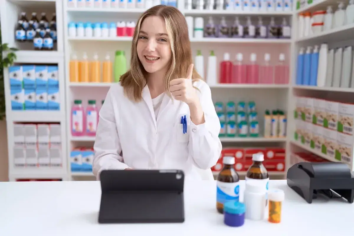 Uśmiechnięta farmaceutka z kciukiem w górze, przed nią tablet i leki. Wszystko gotowe do realizacji recepty farmaceutycznej.