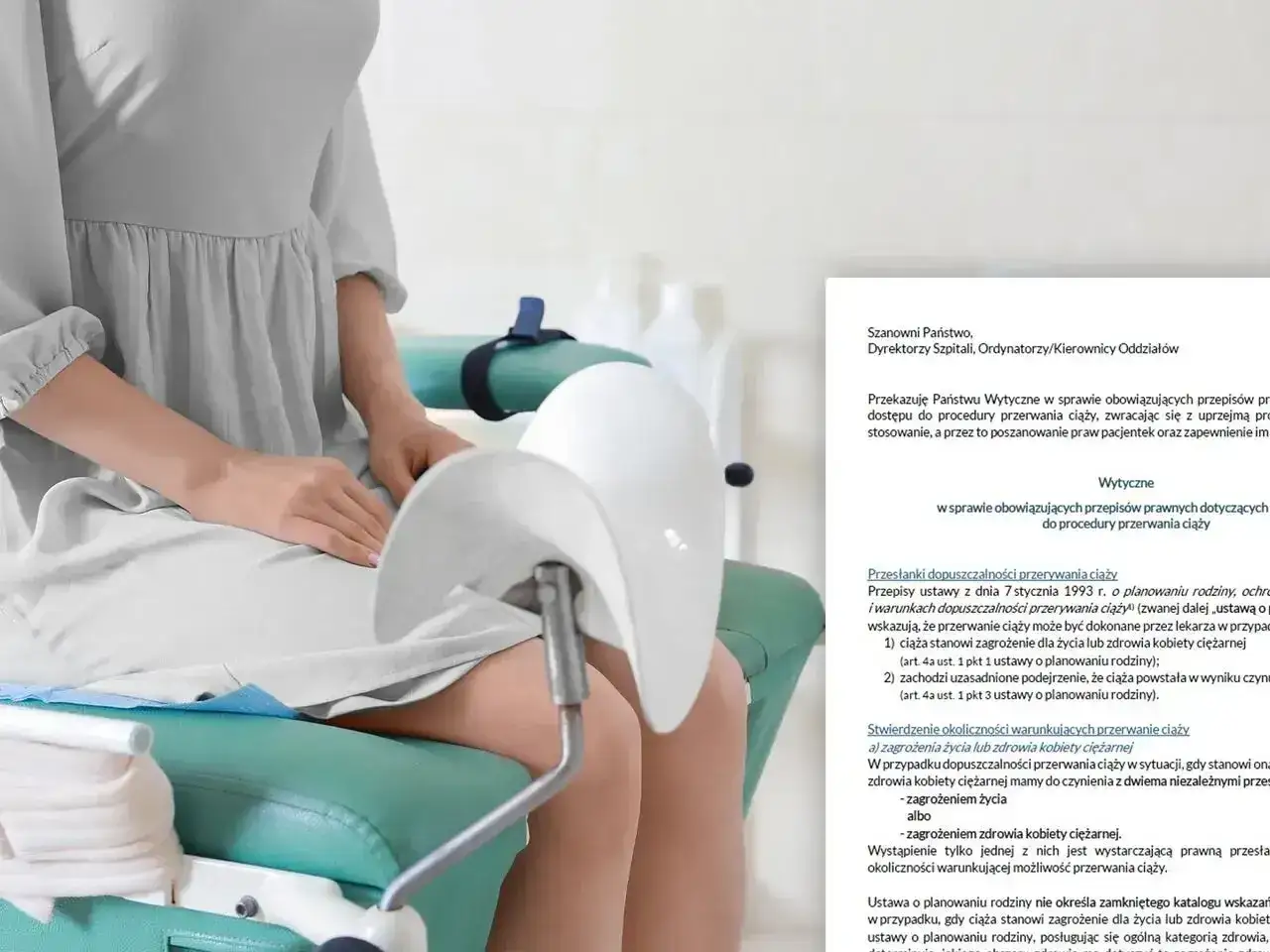 Kobieta na fotelu ginekologicznym, dokumenty dotyczące aborcji.