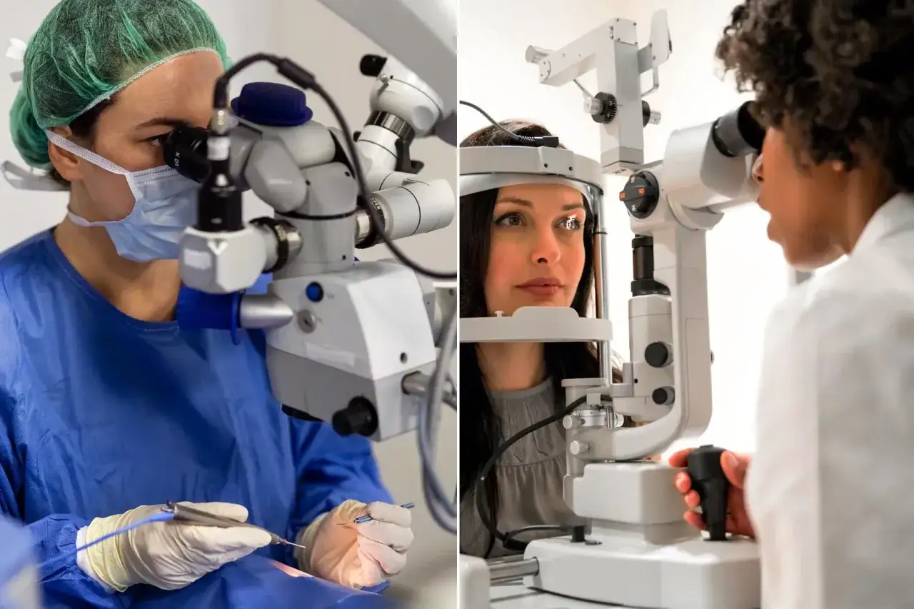 Optometrysta to specjalista od wzroku. Na zdjęciu widzimy go podczas badania i operacji oka.