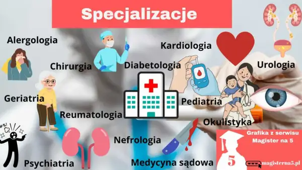 Ilustracja przedstawia różne specjalizacje lekarskie: alergologię, kardiologię, chirurgię, diabetologię, geriatrię, pediatrię, reumatologię, nefrologię, psychiatrię, okulistykę, urologię i medycynę sądową.